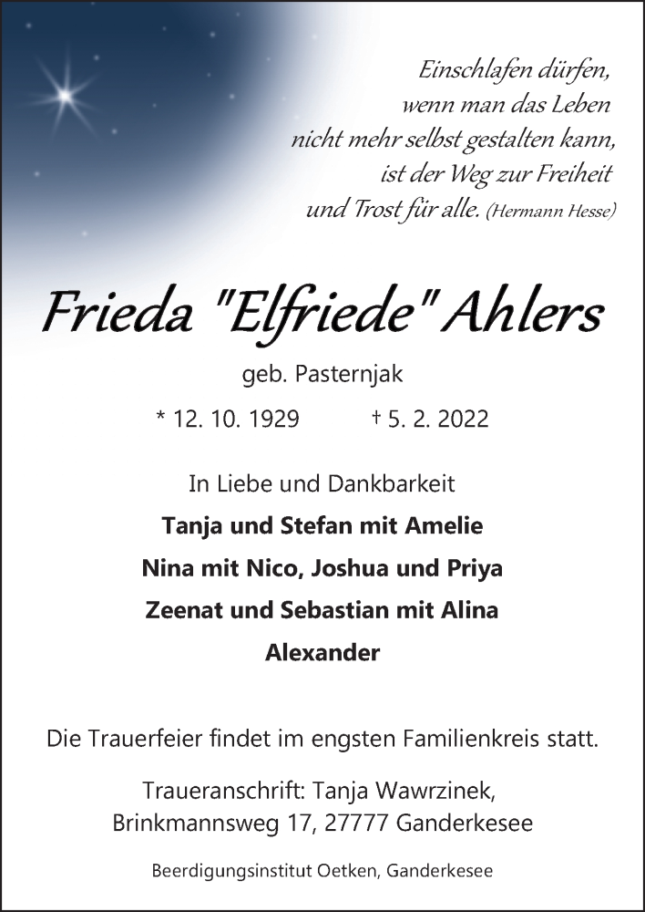  Traueranzeige für Frieda Ahlers vom 09.02.2022 aus Neue Osnabrücker Zeitung GmbH & Co. KG