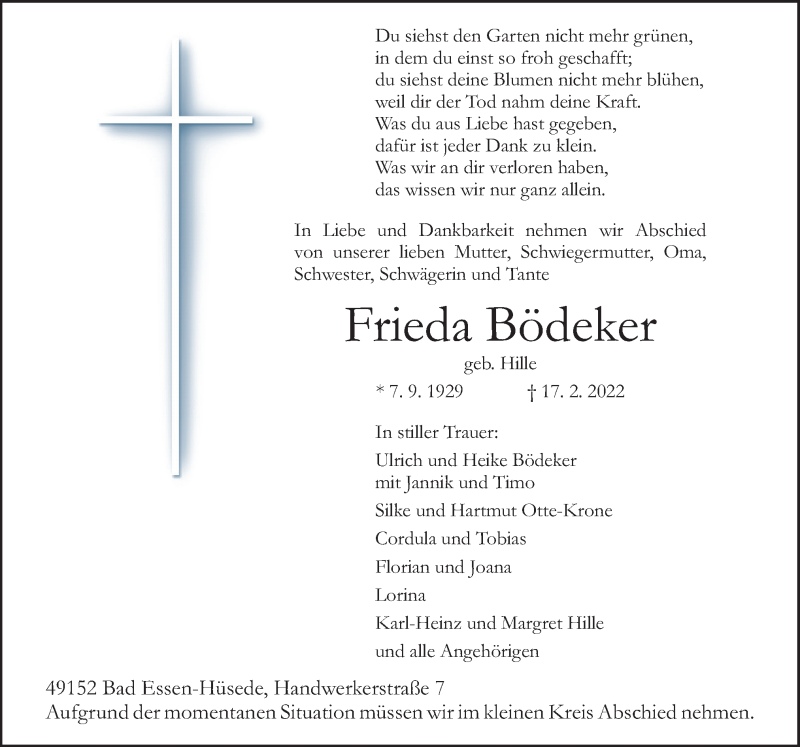  Traueranzeige für Frieda Bödeker vom 19.02.2022 aus Neue Osnabrücker Zeitung GmbH & Co. KG