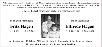 Traueranzeige von Fritz und Elfriede Hagen von Neue Osnabrücker Zeitung GmbH & Co. KG