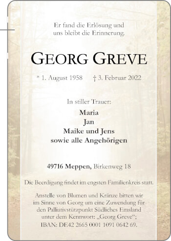 Traueranzeige von Georg Greve von Neue Osnabrücker Zeitung GmbH & Co. KG