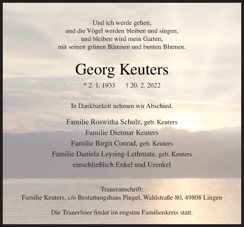Traueranzeige von Georg Keuters von Neue Osnabrücker Zeitung GmbH & Co. KG