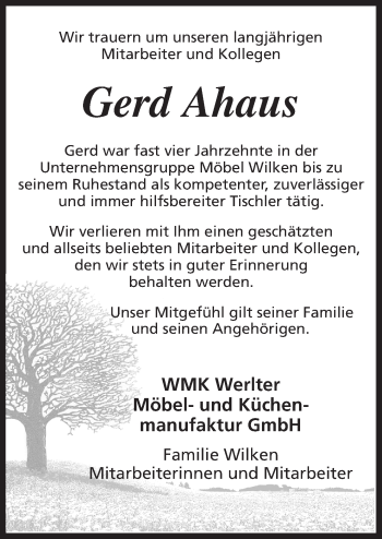 Traueranzeige von Gerd Ahaus von Neue Osnabrücker Zeitung GmbH & Co. KG