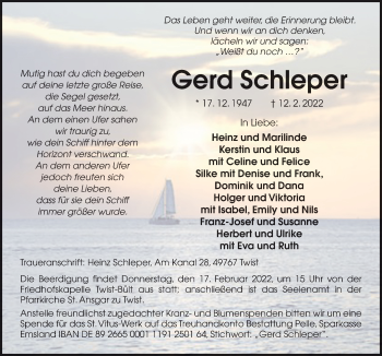 Traueranzeige von Gerd Schleper von Neue Osnabrücker Zeitung GmbH & Co. KG