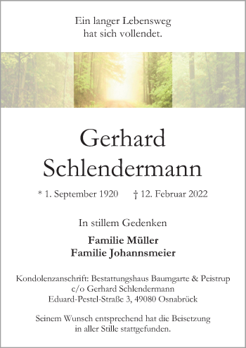 Traueranzeige von Gerhard Schlendermann von Neue Osnabrücker Zeitung GmbH & Co. KG