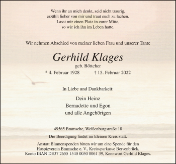 Traueranzeige von Gerhild Klages von Neue Osnabrücker Zeitung GmbH & Co. KG