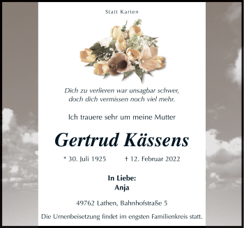 Traueranzeige von Gertrud Kässens von Neue Osnabrücker Zeitung GmbH & Co. KG