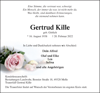Traueranzeige von Gertrud Kille von Neue Osnabrücker Zeitung GmbH & Co. KG