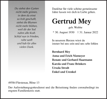 Traueranzeige von Gertrud Mey von Neue Osnabrücker Zeitung GmbH & Co. KG