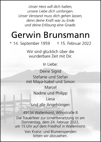 Traueranzeige von Gerwin Brunsmann von Neue Osnabrücker Zeitung GmbH & Co. KG