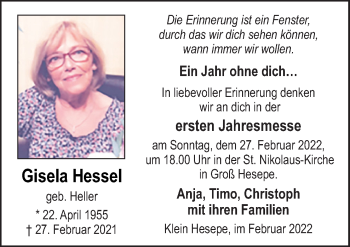 Traueranzeige von Gisela Hessel von Neue Osnabrücker Zeitung GmbH & Co. KG