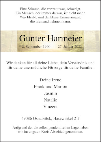 Traueranzeige von Günter Harmeier von Neue Osnabrücker Zeitung GmbH & Co. KG