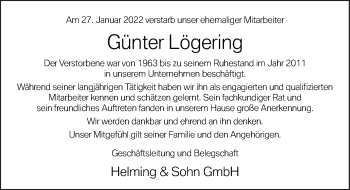 Traueranzeige von Günter Lögering von Neue Osnabrücker Zeitung GmbH & Co. KG