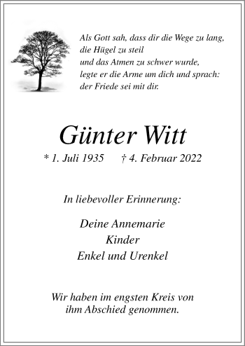 Traueranzeige von Günter Witt von Neue Osnabrücker Zeitung GmbH & Co. KG