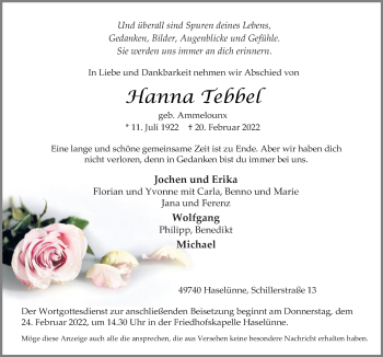 Traueranzeige von Hanna Tebbel von Neue Osnabrücker Zeitung GmbH & Co. KG