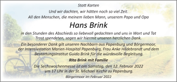 Traueranzeige von Hans Brink von Neue Osnabrücker Zeitung GmbH & Co. KG