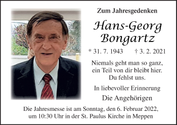 Traueranzeige von Hans-Georg Bongartz von Neue Osnabrücker Zeitung GmbH & Co. KG