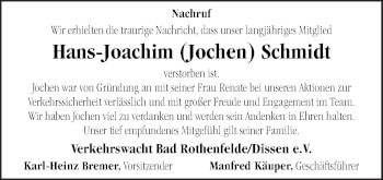 Traueranzeige von Hans-Joachim Schmidt von Neue Osnabrücker Zeitung GmbH & Co. KG