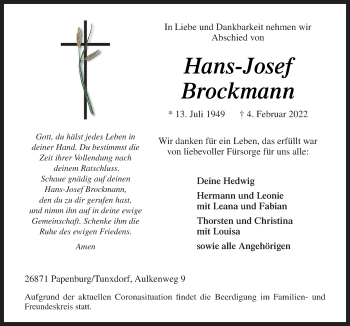 Traueranzeige von Hans-Josef Brockmann von Neue Osnabrücker Zeitung GmbH & Co. KG