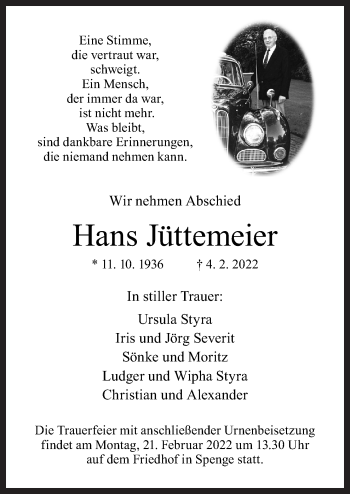 Traueranzeige von Hans Jüttemeier von Neue Osnabrücker Zeitung GmbH & Co. KG