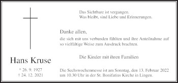 Traueranzeige von Hans Kruse von Neue Osnabrücker Zeitung GmbH & Co. KG