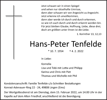 Traueranzeige von Hans-Peter Tenfelde von Neue Osnabrücker Zeitung GmbH & Co. KG