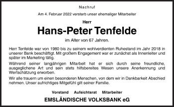 Traueranzeige von Hans-Peter Tenfelde von Neue Osnabrücker Zeitung GmbH & Co. KG