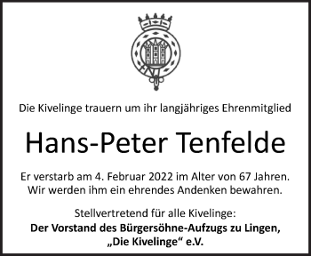 Traueranzeige von Hans-Peter Tenfelde von Neue Osnabrücker Zeitung GmbH & Co. KG