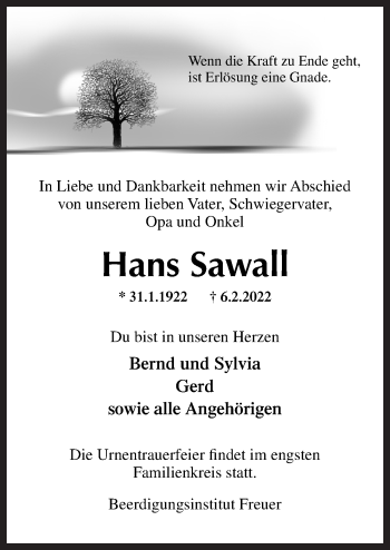 Traueranzeige von Hans Sawall von Neue Osnabrücker Zeitung GmbH & Co. KG