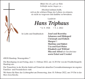 Traueranzeige von Hans Triphaus von Neue Osnabrücker Zeitung GmbH & Co. KG