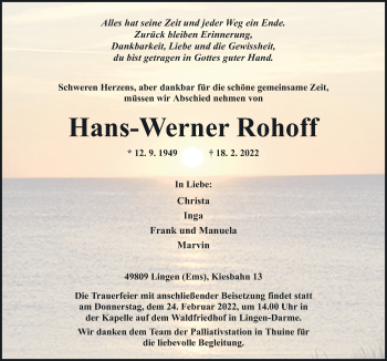Traueranzeige von Hans-Werner Rohoff von Neue Osnabrücker Zeitung GmbH & Co. KG