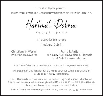 Traueranzeige von Hartmut Dobrin von Neue Osnabrücker Zeitung GmbH & Co. KG