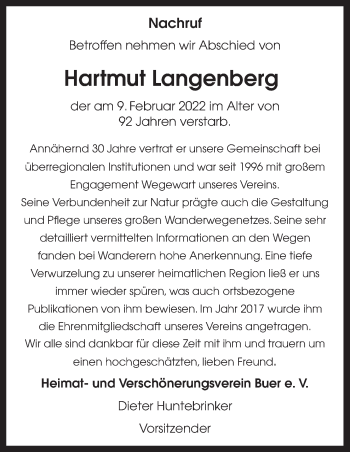 Traueranzeige von Hartmut Langenberg von Neue Osnabrücker Zeitung GmbH & Co. KG