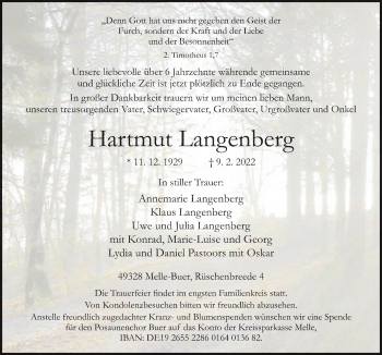Traueranzeige von Hartmut Langenberg von Neue Osnabrücker Zeitung GmbH & Co. KG