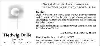 Traueranzeige von Hedwig Dulle von Neue Osnabrücker Zeitung GmbH & Co. KG