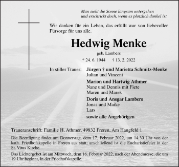 Traueranzeige von Hedwig Menke von Neue Osnabrücker Zeitung GmbH & Co. KG
