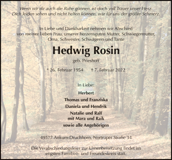 Traueranzeige von Hedwig Rosin von Neue Osnabrücker Zeitung GmbH & Co. KG