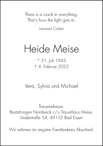 Traueranzeige von Heide Meise von Neue Osnabrücker Zeitung GmbH & Co. KG