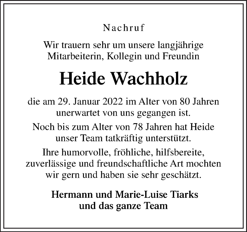  Traueranzeige für Heide Wachholz vom 10.02.2022 aus Neue Osnabrücker Zeitung GmbH & Co. KG