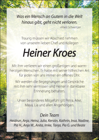 Traueranzeige von Heiner Kroes von Neue Osnabrücker Zeitung GmbH & Co. KG