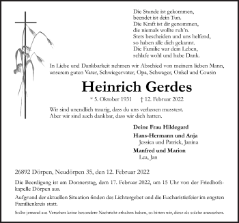 Traueranzeige von Heinrich Gerdes von Neue Osnabrücker Zeitung GmbH & Co. KG
