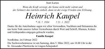 Traueranzeige von Heinrich Kaupel von Neue Osnabrücker Zeitung GmbH & Co. KG