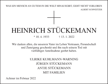 Traueranzeige von Heinrich Stückemann von Neue Osnabrücker Zeitung GmbH & Co. KG