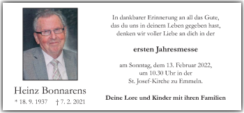 Traueranzeige von Heinz Bonnarens von Neue Osnabrücker Zeitung GmbH & Co. KG