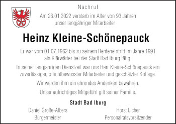 Traueranzeige von Heinz Kleine-Schönepauck von Neue Osnabrücker Zeitung GmbH & Co. KG