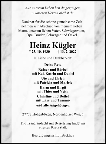 Traueranzeige von Heinz Kügler von Neue Osnabrücker Zeitung GmbH & Co. KG