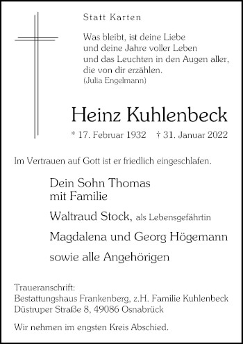 Traueranzeige von Heinz Kuhlenbeck von Neue Osnabrücker Zeitung GmbH & Co. KG