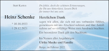 Traueranzeige von Heinz Schenke von Neue Osnabrücker Zeitung GmbH & Co. KG