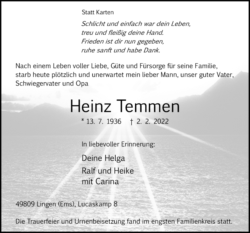  Traueranzeige für Heinz Temmen vom 12.02.2022 aus Neue Osnabrücker Zeitung GmbH & Co. KG