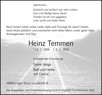 Traueranzeige von Heinz Temmen von Neue Osnabrücker Zeitung GmbH & Co. KG