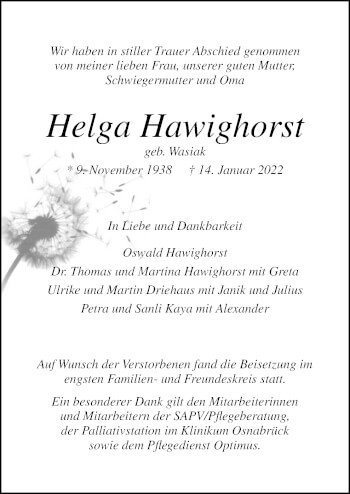 Traueranzeige von Helga Hawighorst von Neue Osnabrücker Zeitung GmbH & Co. KG